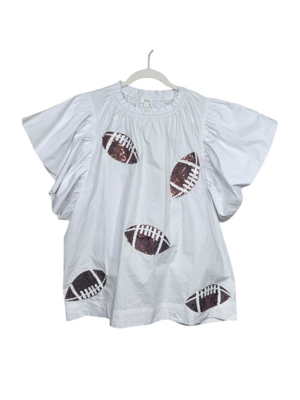 NWT ODDY White Puff-Sleeve Top with Brown Sequin Football Appliqués